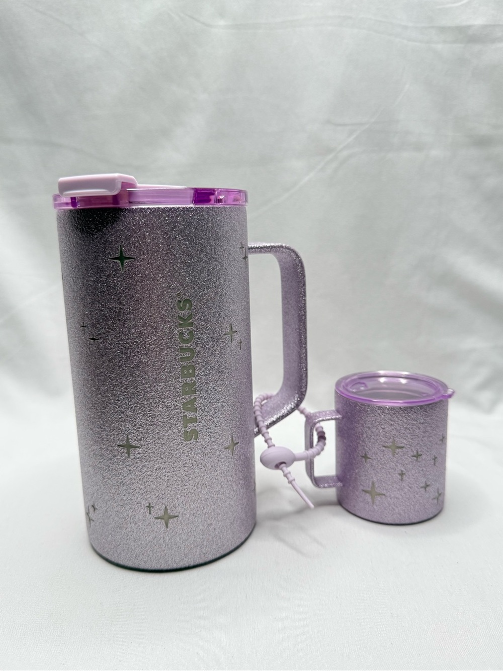 NWT Starbucks Purple Glitter Galaxy Tumbler 660ml Set with Mini Mug Keyring